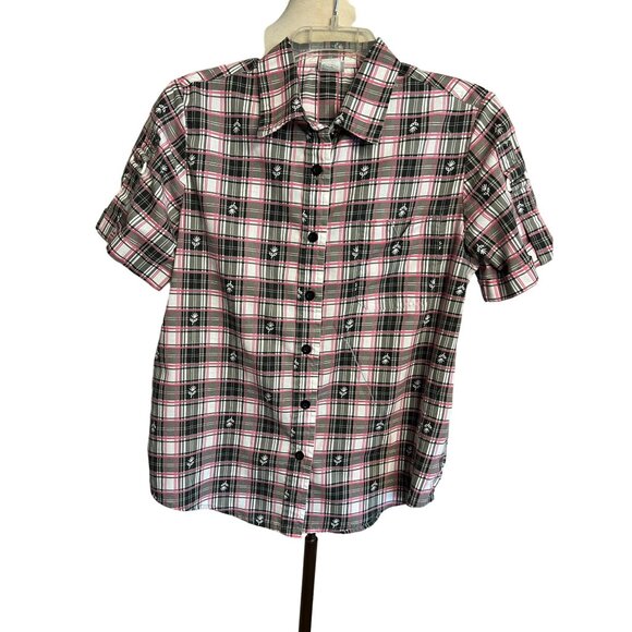 Adriana Delafield blouse medium short sleeve pink black pocket collar  FLAW - Picture 2 of 16